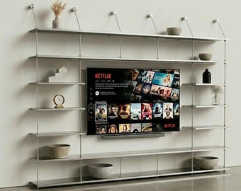 Mobile porta TV moderno in acciaio inossidabile - Centro multimediale minimalista in stile industriale - Lussuoso mobile a parete sospeso