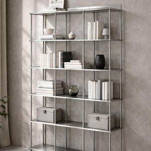 May include: A modern, silver metal bookshelf filled with books, decorative vases, and gray storage boxes. The top shelf displays a book titled "MATISSE". The shelves are evenly spaced, creating a clean and organized aesthetic.
