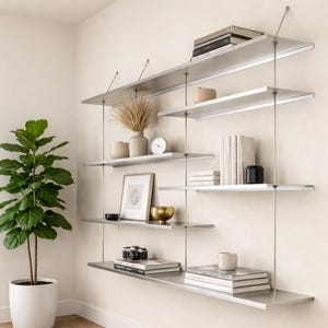 May include: A wall-mounted shelving system featuring multiple horizontal silver metal shelves supported by thin vertical rods. The shelves hold various decorative items including books, a small clock, a vase with dried grass, and a camera.
