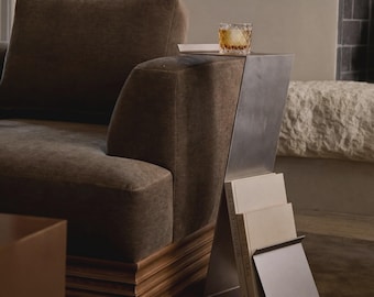 Roestvrijstalen zigzagcocktailtafel, minimalistische metalen tijdschriftenhouder, modern bankaccent