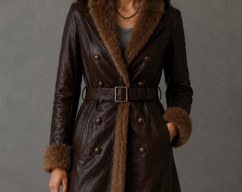 Women's Vintage Brown Leather Trench Coat with Fur Trim, Belted Long Leather Jacket