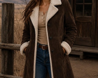 Brauner Damen-Wildledermantel mit Lammfellfutter, lange Winterjacke aus Schaffell