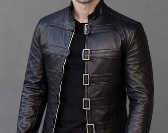 Schwarze Herren-Lederjacke mit Schnallen, Gothic-Biker-Motorrad-Stil