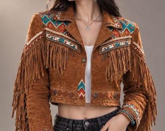 Damen-Wildlederjacke mit Fransen, Stickerei im Südwest-Stil, kurzer Western-Schnitt