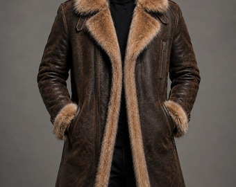 Herren-Wintermantel aus braunem Leder im Used-Look mit Shearling-Futter und Kunstpelzbesatz