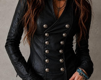 Schwarzer Damen-Lederblazer, zweireihige Bikerjacke, Gothic-Bikermantel