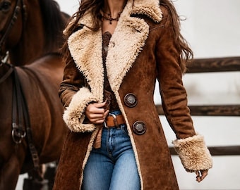 Brauner langer Mantel aus Shearling-Wildleder, gefütterte Winter-Reitjacke