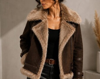 Braune Damen-Fliegerjacke aus Kunstfell, Bikermantel mit Teddy-Sherpa-Futter