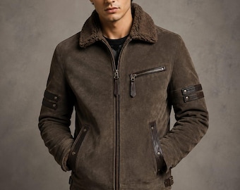Herren-Fliegerjacke aus braunem Leder im Used-Look, Motorradjacke mit Lammfellkragen