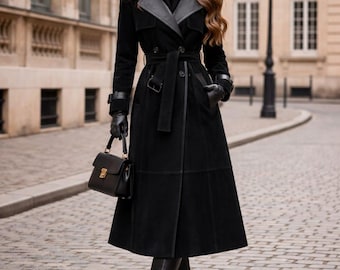 Schwarzer Woll-Trenchcoat, Damen-Lange Gürtel-Zweireiher-Mantel