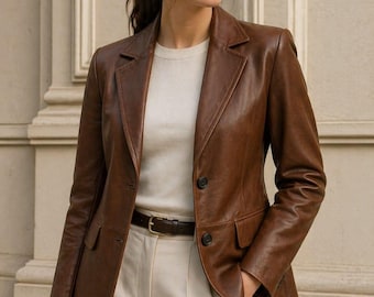 Damen Braun Leder Blazer Jacke, Klassisch Geschneiderter Ledermantel, Minimalist Chic Oberbekleidung