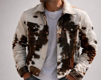 Herren Western Rindsleder Print Sherpa Trucker Jacke, Kunstpelz Cowboy Wintermantel