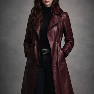 Trench-coat en cuir bordeaux pour femme, veste longue en cuir