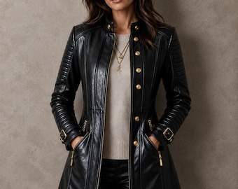 Lange, schwarze Lederjacke für Damen | Schmal geschnittener Motorrad-Trenchcoat | Biker-Style-Jacke mit Reißverschluss