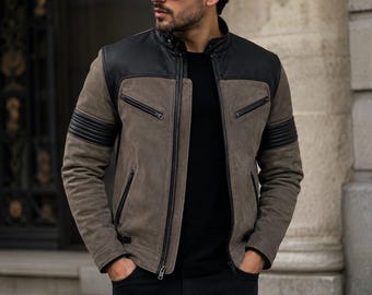 Zweifarbige Herren-Bikerjacke aus Wildleder, braun-schwarzer Leder-Motorradmantel