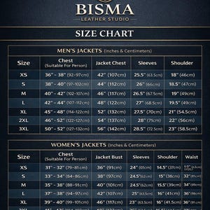 May include: Size chart for men's and women's jackets from Bisma Leather Studio. Includes chest, jacket chest, sleeve, shoulder, and waist measurements in inches and centimeters. Sizes range from XS to 3XL.