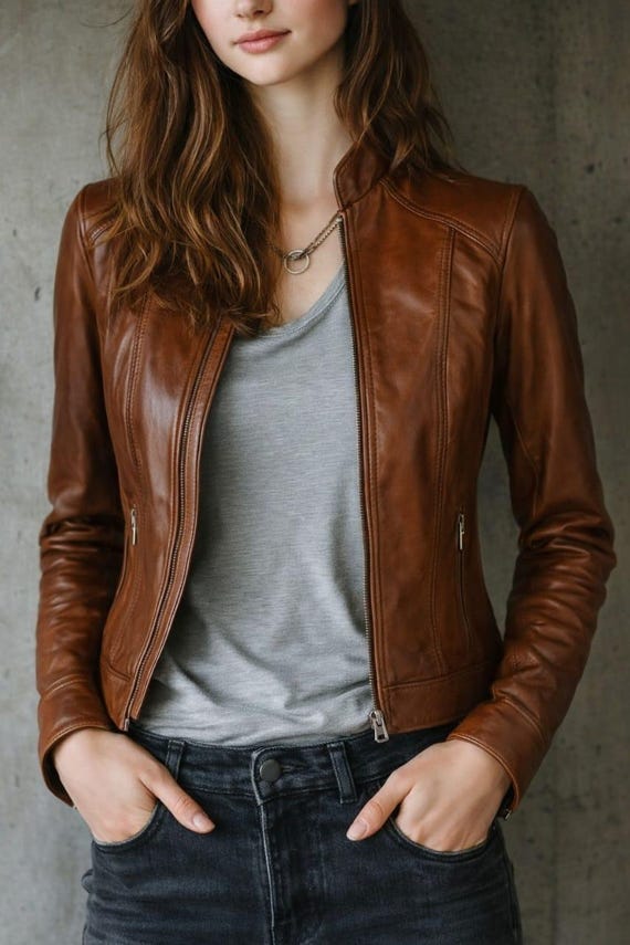 Women’s Brown Leather Jacket, Slim Fit Zip-Up Biker Style Jacket, Minimalist Vintage Inspired