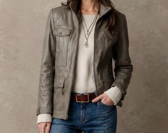 Utility-Jacke für Damen aus echtem Leder, minimalistischer Motorradstil mit Reißverschluss vorne
