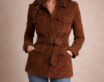 Women's Brown Suede Safari Jacket, Vintage Style Belted Leather Look Coat