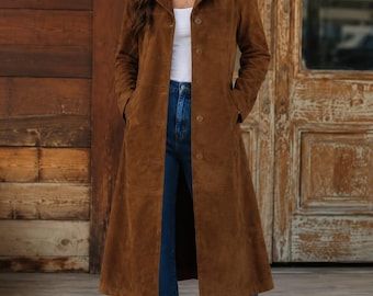 Brauner Damen-Wildledermantel, langer Western-Trenchcoat, Vintage-Mantel mit Knopfleiste
