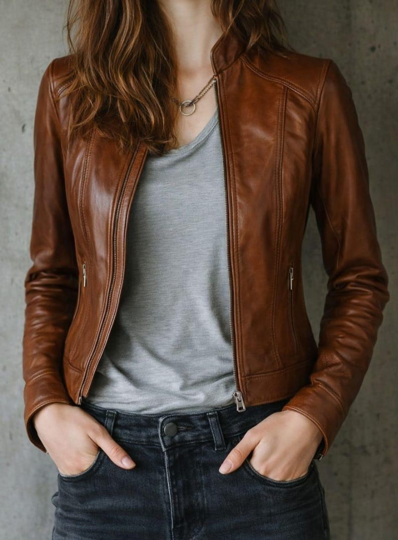 May include: A brown leather jacket with a stand-up collar and a front zipper. The jacket has two zippered pockets and is worn over a gray t-shirt and dark wash jeans. The model has their hands in their pockets.