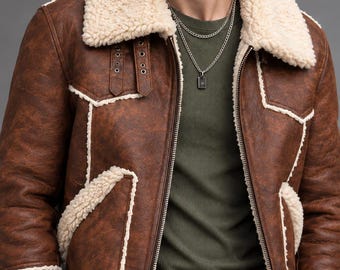 Men's Aviator Jacket, Brown Shearling Bomber Jacket, Vintage Leather Flight Coat