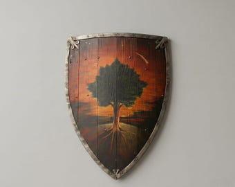 Hand Painted Wooden Knight Shield – Medieval Fantasy Tree Emblem Wall Decor Prop