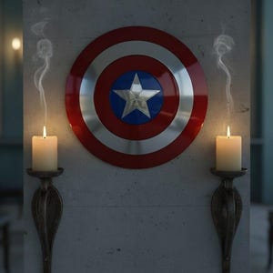 May include: A Captain America shield with a red, white, and blue design, centered on a wall. Two lit candles in ornate sconces flank the shield, with smoke rising from the flames. The shield features a silver star in a blue circle.