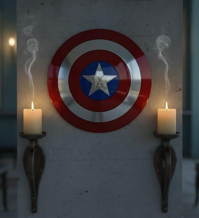 May include: A Captain America shield with a red, white, and blue design, centered on a wall. Two lit candles in ornate sconces flank the shield, with smoke rising from the flames. The shield features a silver star in a blue circle.