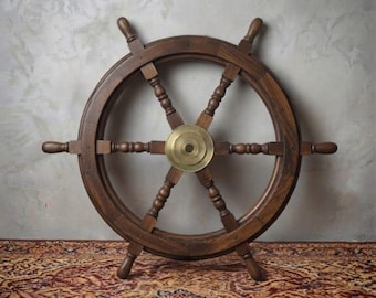 Handgefertigtes 61 cm Schiffssteuerrad aus Holz mit Messingnabe | Maritime Wanddekoration