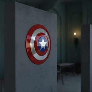 May include: A Captain America shield, featuring a red outer ring, silver concentric circles, and a blue center with a white star. The shield is mounted on a gray rectangular structure, with a blurred background.