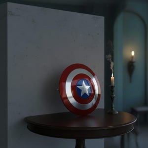 May include: A Captain America shield with a red, white, and blue color scheme, featuring a white star on a blue circle. The shield is leaning against a gray wall on a dark brown table. A lit candle sits nearby.