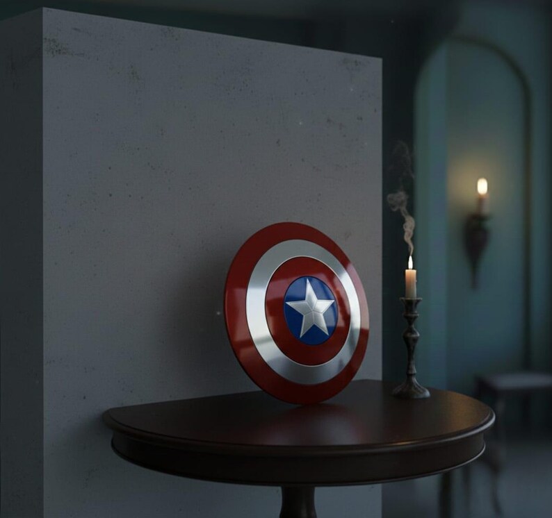 May include: A Captain America shield with a red, white, and blue color scheme, featuring a white star on a blue circle. The shield is leaning against a gray wall on a dark brown table. A lit candle sits nearby.