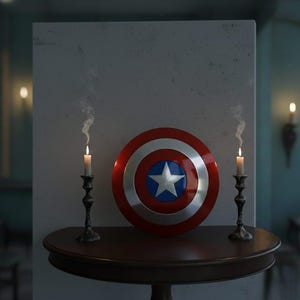 May include: A Captain America shield with a red, white, and blue design, featuring a white star in a blue circle, rests on a dark wooden table. Two lit candles in ornate holders flank the shield, with smoke rising from the candles.
