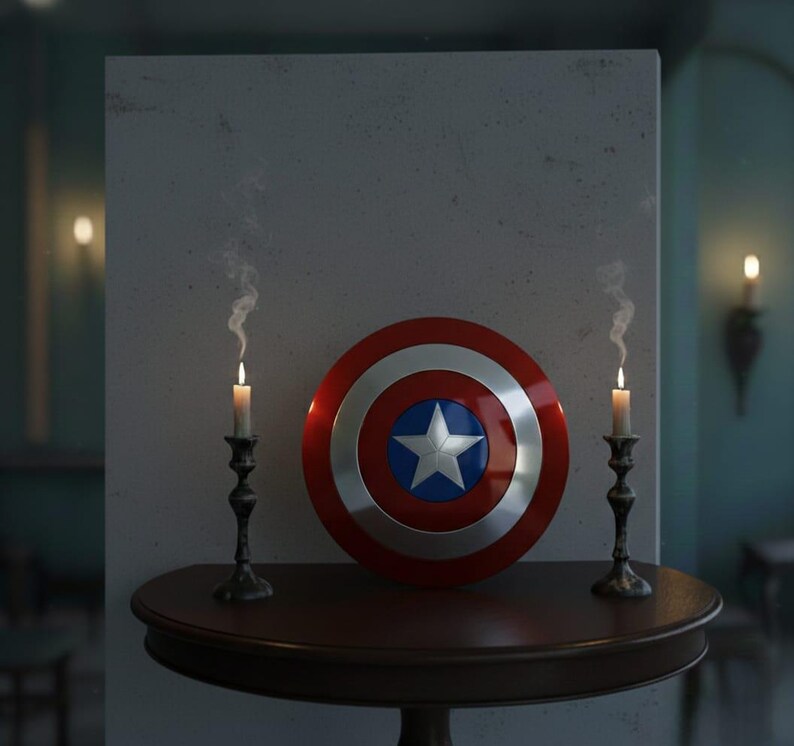 May include: A Captain America shield with a red, white, and blue design, featuring a white star in a blue circle, rests on a dark wooden table. Two lit candles in ornate holders flank the shield, with smoke rising from the candles.