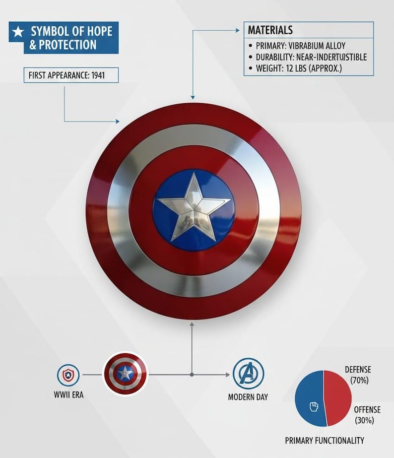May include: A red, white, and blue shield with a silver star in the center. The shield is made of vibranium alloy and weighs approximately 12 lbs. Text on the image reads "Symbol of Hope & Protection" and "First Appearance: 1941."