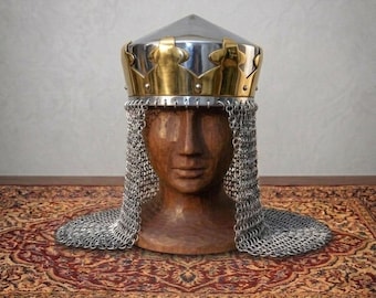 Handmade Steel King Helmet, Medieval Crown Armor, Chainmail Aventail Knight Costume