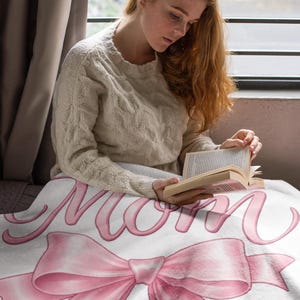 Pink Ribbon Mom Sherpa Blanket - Soft Cozy Fleece Throw - Gift for Mom - New Mom Gift - Cute Bow Mom Blanket