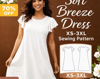 Puede incluir: Una mujer lleva un vestido blanco de manga corta con falda acampanada. El vestido tiene cuello redondo y mangas con volantes. La imagen incluye el texto "Soft Breeze Dress" y "XS-3XL Sewing Pattern". También es visible una etiqueta "70% OFF" y "NEW!"
