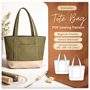 Tote Bag PDF Sewing Pattern | Beginner Friendly DIY (A0, A4, US Letter)