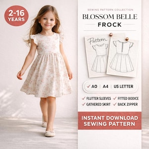 Naaipatroon Blossom Belle Girl-meisjesjurk pdf | Patroon jurk bloemenmeisje | Kinderjurk met fladdermouwen | Maten: 2-16 jaar | A4, A0, US Letter
