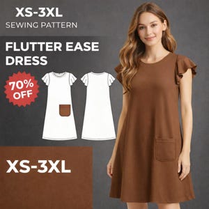 May include: A brown Flutter Ease dress with short flutter sleeves and a front pocket. The image also shows a sewing pattern for the dress, with the text "XS-3XL" and "70% OFF".