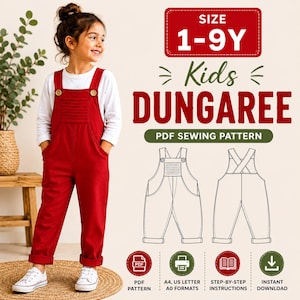 May include: A PDF sewing pattern for kids' dungarees in sizes 1-9Y. The image displays a child wearing red dungarees over a white long-sleeve shirt, alongside technical line drawings of the front and back of the garment and icons for download.