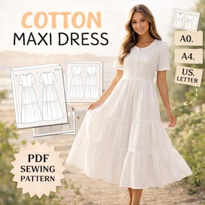 Könnte beinhalten: Weißes Maxi-Kleid aus Baumwolle mit kurzen Ärmeln und einem Stufenrock. Das Bild enthält den Text "COTTON MAXI DRESS" und "PDF SEWING PATTERN". Schnittmuster sind ebenfalls sichtbar, mit den Größen A0, A4 und US LETTER.