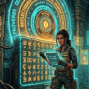 May include: Digital illustration of "The Code-Breakers" book cover. A woman in tactical gear stands before a glowing stone tablet with ancient symbols. The text "CIPHER: SOLVED" is on her tablet. The cover features a glowing cypher wheel.