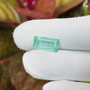 Op de afbeelding: Een rechthoekige, lichtgroene edelsteen met een gefacetteerd oppervlak. De edelsteen wordt tegen een witte stoffen achtergrond gehouden, met wazig gebladerte op de achtergrond. De kleur van de edelsteen is een doorschijnend groen.