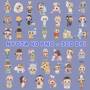 May include: A collection of 40 PNG images featuring stylized figurines with diverse designs and outfits. The figurines are in various poses, some holding objects like umbrellas or pets. The text "NYOTA 40 PNG - 300 DPI" is visible.