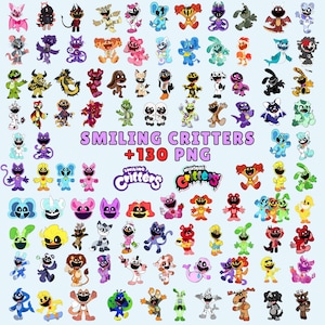 Puede incluir: Una colección de personajes de dibujos animados Smiling Critters en varios colores y diseños. La imagen incluye el texto "SMILING CRITTERS +130 PNG" y el logotipo de Smiling Critters. Los personajes están en varias poses.
