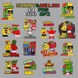 Pode incluir: Uma coleção de gráficos digitais coloridos com personagens de desenhos animados com designs de melancia e limão. O texto "SUNNY & MELON" é exibido em fonte pixelizada, juntamente com frases como "GOATED" e "GET GOATED!"