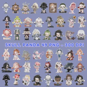 May include: A selection of 49 Skull Panda figurines, each with distinct designs and colours. The figurines are in various poses, with detailed features and accessories. The text "SKULL PANDA 49 PNG - 300 DPI" is displayed.